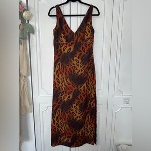 VINTAGE V-Neck Maxi Slip Dress in Brown and Orange Animal Print